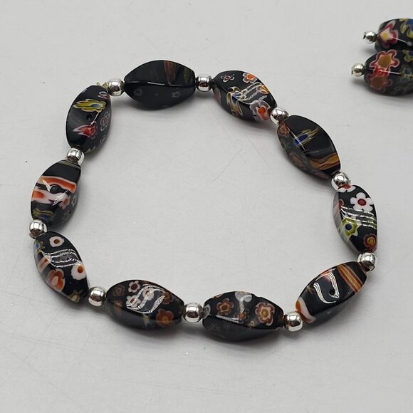 Millefiori Glass Jewelry Set Necklace Bracelet Earrings Black Multicolor Beads - Picture 3 of 7